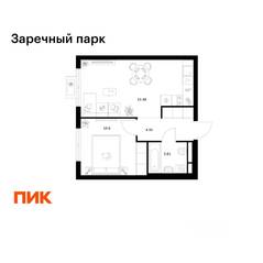 ЖК «Заречный парк», планировка 1-комнатной квартиры, 37.64 м²