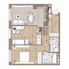 ЖК «Гранд Комфорт», планировка 2-комнатной квартиры, 70.30 м²