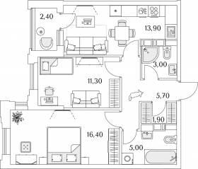 ЖК «Тайм Сквер», планировка 2-комнатной квартиры, 58.40 м²