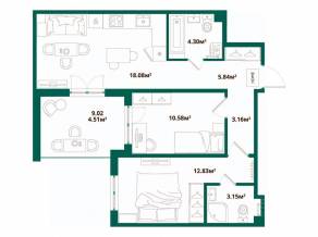 ЖК «ЛесART», планировка 2-комнатной квартиры, 62.45 м²