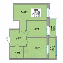 ЖК «Рождественский квартал», планировка 2-комнатной квартиры, 51.58 м²