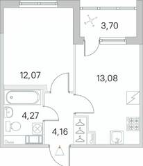 ЖК «Югтаун. Олимпийские кварталы», планировка 1-комнатной квартиры, 35.43 м²