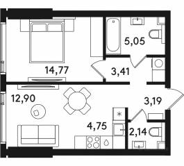 ЖК «Solos», планировка 1-комнатной квартиры, 46.21 м²