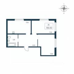 ЖК «Расцветай в Янино», планировка 2-комнатной квартиры, 54.10 м²