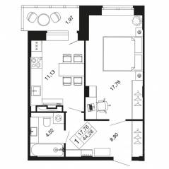 ЖК «Времена года», планировка 1-комнатной квартиры, 44.28 м²