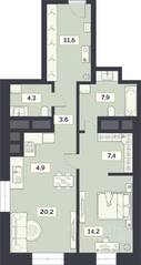 ЖК «Лайм», планировка 2-комнатной квартиры, 74.10 м²