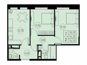 ЖК «31 квартал», планировка 2-комнатной квартиры, 54.20 м²
