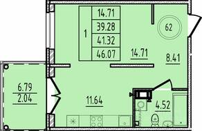 МЖК «Образцовый квартал 14», планировка 1-комнатной квартиры, 39.28 м²