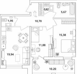 ЖК «Cube», планировка 2-комнатной квартиры, 71.80 м²