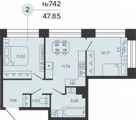 ЖК «Bashni Element», планировка 2-комнатной квартиры, 47.85 м²