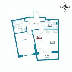 ЖК «Левитан», планировка 1-комнатной квартиры, 39.16 м²