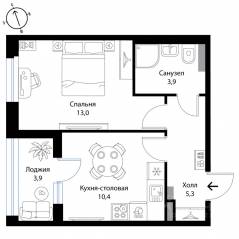 МЖК «Экография», планировка 1-комнатной квартиры, 34.60 м²
