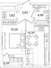 ЖК «Лайнеръ», планировка 1-комнатной квартиры, 37.94 м²