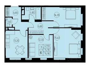 ЖК «31 квартал», планировка 3-комнатной квартиры, 74.90 м²