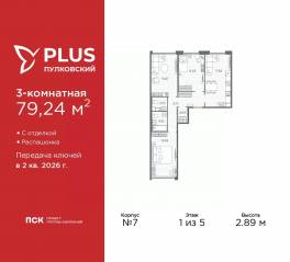 ЖК «Plus Пулковский», планировка 3-комнатной квартиры, 79.24 м²