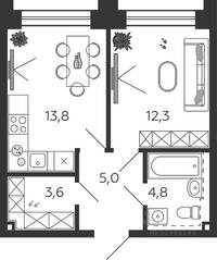 ЖК «Жилой квартал Shagal», планировка 1-комнатной квартиры, 39.40 м²
