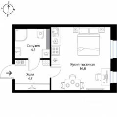 МЖК «Экография», планировка студии, 26.00 м²