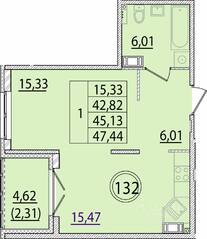 МЖК «Образцовый квартал 15», планировка 1-комнатной квартиры, 42.82 м²