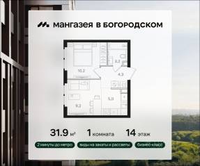 ЖК «Мангазея в Богородском», планировка 1-комнатной квартиры, 31.90 м²