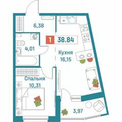 ЖК «Графика», планировка 1-комнатной квартиры, 38.84 м²