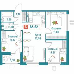 ЖК «Графика», планировка 3-комнатной квартиры, 63.52 м²