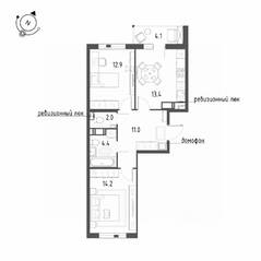 ЖК «Монография», планировка 2-комнатной квартиры, 60.00 м²