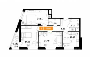 ЖК «Планерный квартал», планировка 3-комнатной квартиры, 70.66 м²