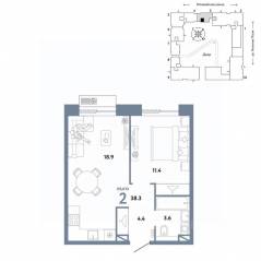ЖК «Страна.Заречная», планировка 2-комнатной квартиры, 38.30 м²
