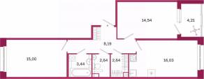 ЖК «Дом на Курской», планировка 2-комнатной квартиры, 64.59 м²