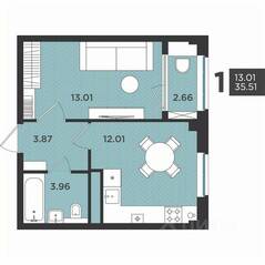 МЖК «Новокасимово», планировка 1-комнатной квартиры, 35.51 м²