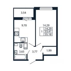 ЖК «Полис ЛАВрики», планировка 1-комнатной квартиры, 34.47 м²