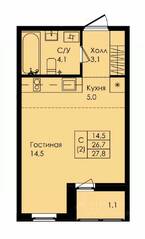ЖК «Новая страница», планировка студии, 27.80 м²