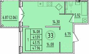 МЖК «Образцовый квартал 17», планировка 1-комнатной квартиры, 41.09 м²