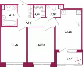 ЖК «Дом на Курской», планировка 2-комнатной квартиры, 59.47 м²