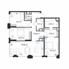 ЖК «1-й Нагатинский», планировка 3-комнатной квартиры, 111.28 м²