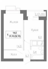 МЖК «Новое Замитино», планировка 1-комнатной квартиры, 32.80 м²