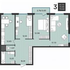 МЖК «Новокасимово», планировка 3-комнатной квартиры, 80.00 м²