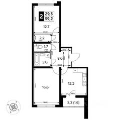 ЖК «Южная Битца», планировка 2-комнатной квартиры, 60.50 м²