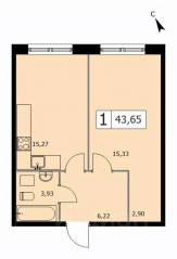 ЖК «Self», планировка 1-комнатной квартиры, 43.40 м²
