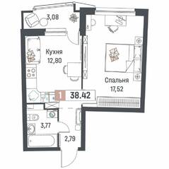 ЖК «Авиатор» (Девяткино), планировка 1-комнатной квартиры, 38.42 м²