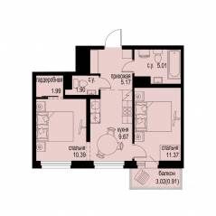 ЖК «ID Murino III», планировка 2-комнатной квартиры, 46.41 м²