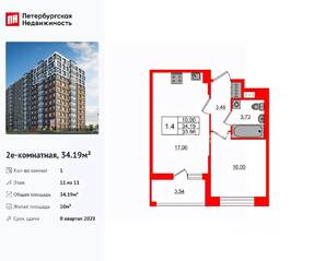 ЖК «Астра Континенталь», планировка 1-комнатной квартиры, 34.19 м²