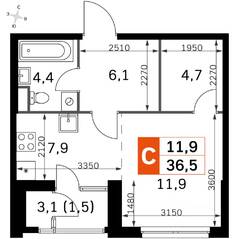 ЖК «Sky Garden», планировка студии, 34.40 м²