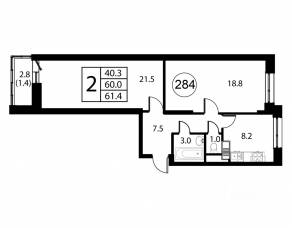 ЖК «Космос», планировка 2-комнатной квартиры, 61.40 м²