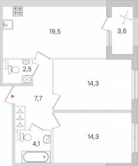МЖК «Дубровский», планировка 2-комнатной квартиры, 64.20 м²