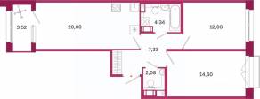 ЖК «Дом на Курской», планировка 2-комнатной квартиры, 62.11 м²