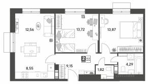 ЖК Арт-квартал «Публицист», планировка 2-комнатной квартиры, 63.96 м²