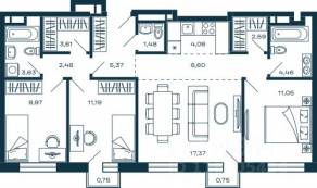 ЖК «М_5», планировка 3-комнатной квартиры, 84.48 м²