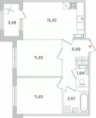 МЖК «Дубровский», планировка 2-комнатной квартиры, 52.54 м²