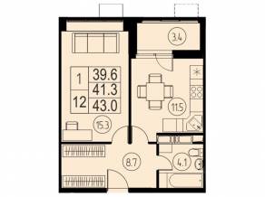 ЖК «River Park», планировка 1-комнатной квартиры, 41.30 м²